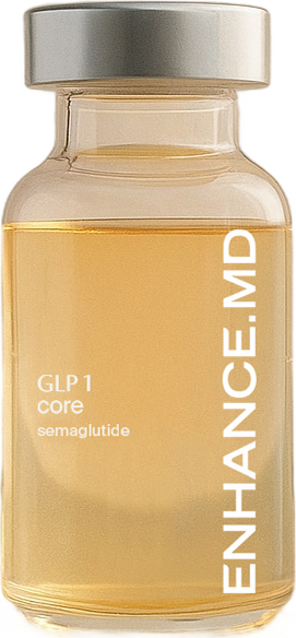 Enhance.MD marketing image showing a vial labeled GLP1 Core semaglutide