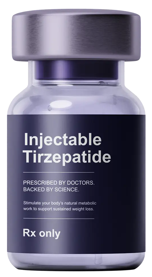 SkinnyRx marketing image showing a vial labeled Injectable Tirzepatide
